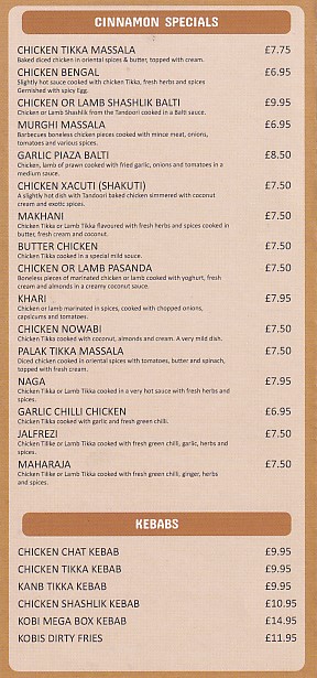 Menu of Cinnamon Indian takeaway food Carmarthen