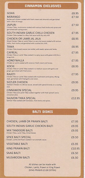 Menu of  Cinnamon Indian takeaway food Carmarthen